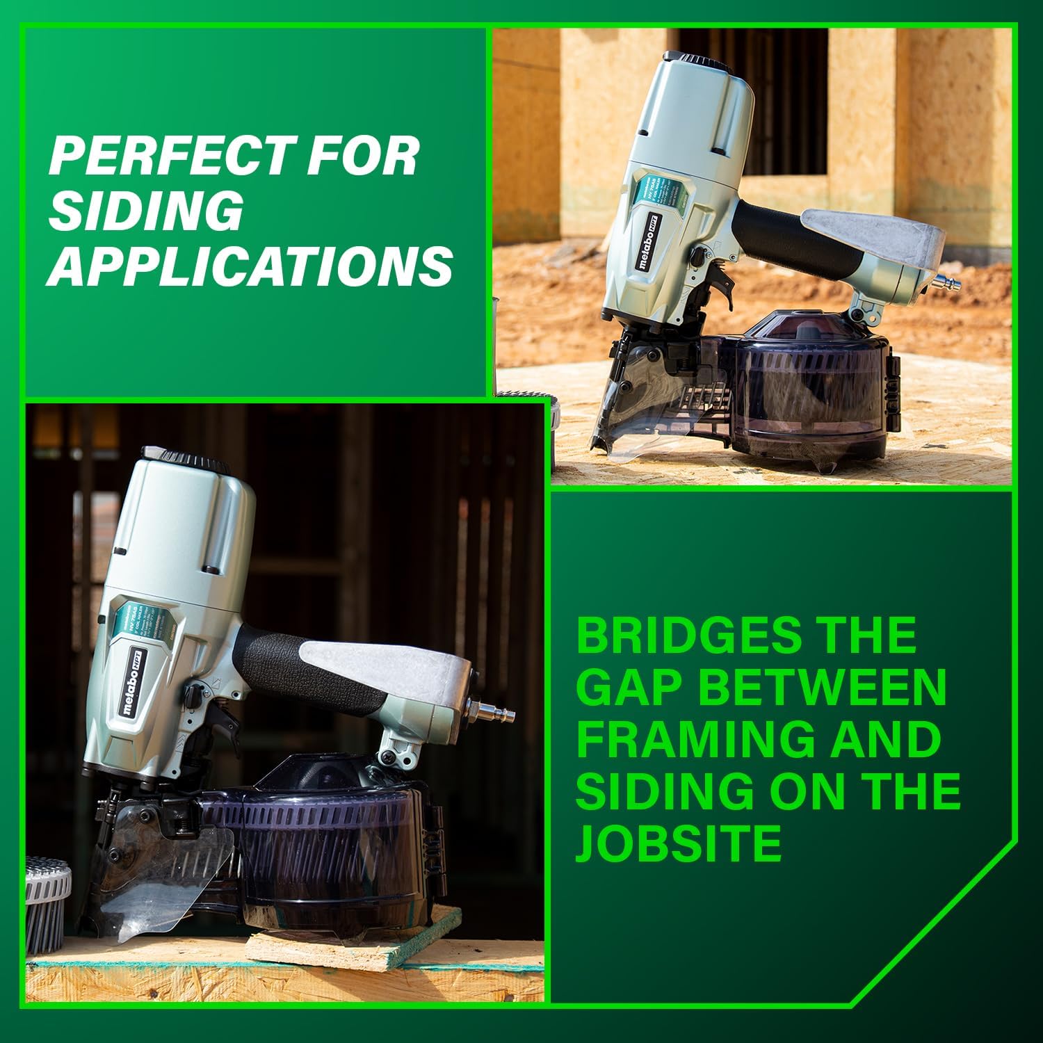 Metabo HPT Siding/Light Framing Coil Nailer, Pro-Preferred Pneumatic Power Nailers for Versatile Siding and Framing Tasks, Tool For 16° Wire 1-3/4'-3' and 15° Plastic to 1-3/4' - 2/14' Nails, NV75A5