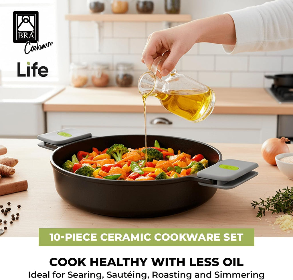 BRA COOKWARE Life 10-Piece Ceramic Cookware Set | Recycled Cast Aluminum Pots & Pans Set w/ 2 Pots, 1 Sauté Pan, 2 Pans, 1 Saucepan, 4 Lids | Ceramic Non-Stick Coating | All Stovetops | PFOA Free