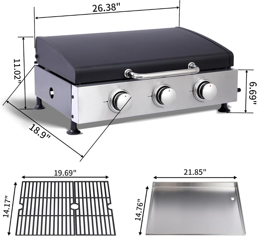 Portable Flat Top Grill, 3 Burner Gas Grill with Cast Iron Grids, 26 IN Tabletop Propane Griddle, 28650BTU High Power & Ceramic Coated Pan, Camping Barbecue and Tailgating Griddle (26 IN)