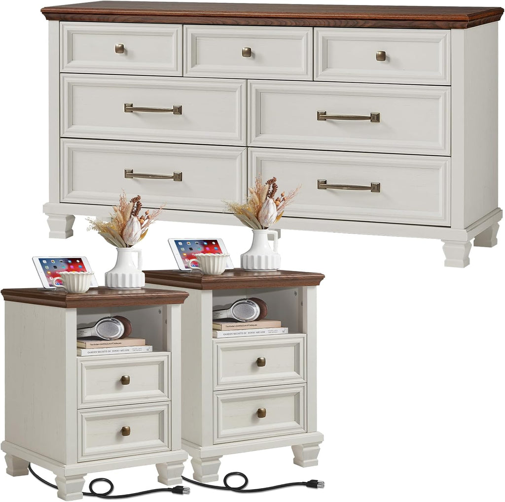 SAVOR LIFE Farmhouse Dresser and Nightstand Sets 3 Piece, 7 Drawer Dresser & 2 Drawer Nightstand Set, Rustic Wood Bedroom Furniture Set for Home, White
