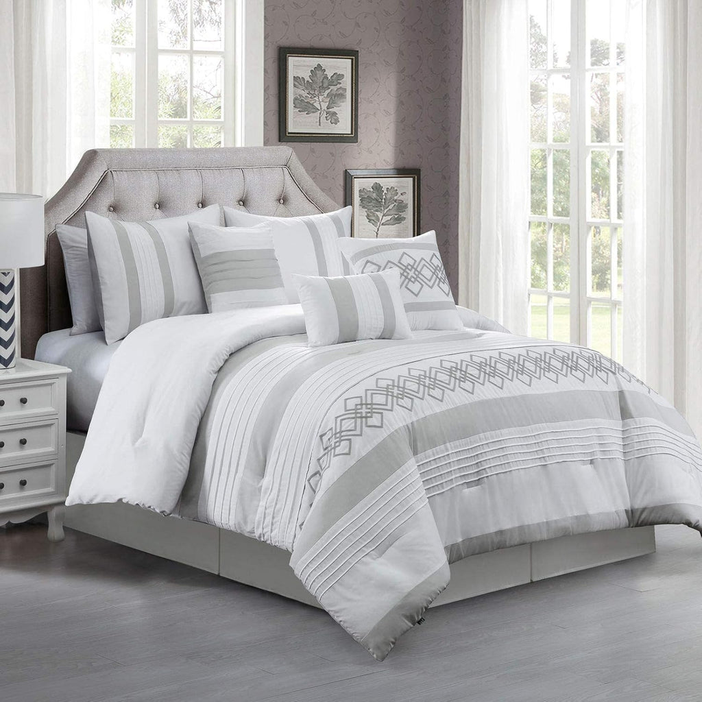Chezmoi Collection Ariel 7-Piece Gray Geometric Chenille Embroidery Pleated Striped Comforter Bedding Set, Oversized King Size