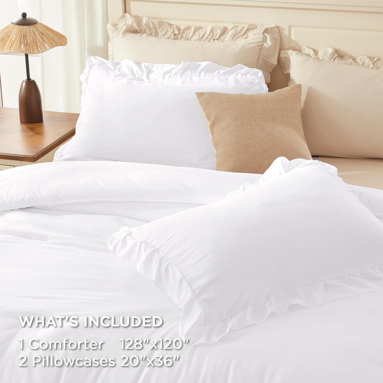 Andency Super King Plus Ruffle Comforter Set 128x120, 3 Pieces Farmhouse Shabby Chic Bedding Set, Soft Lightweight Oversized California King Comforter Set (1 Comforter 2 Pillowcases), White