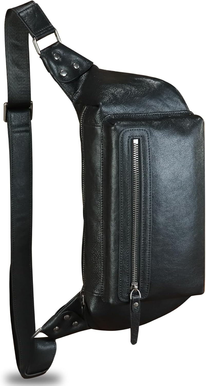 Genuine Leather Fanny Pack for Men and Women Waist Bag Hip Bag Real Leather Fanny Bag Sling Bag Crossbody Bags Chest Purses (Black), LRTO-15023