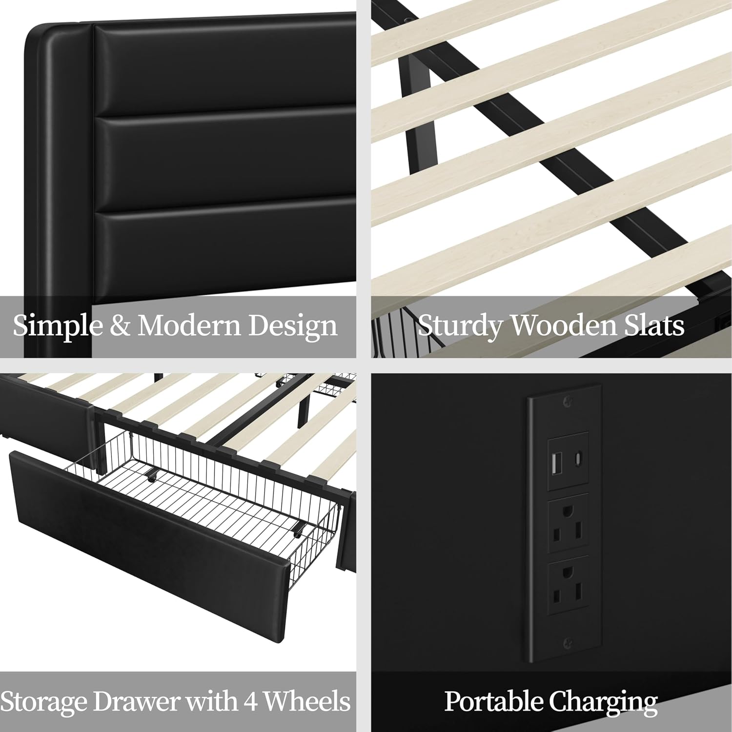Yaheetech Full Size Bed Frame with 2 USB Charging Stations/Port for Type A&Type C/3 Storage Drawers, Leather Upholstered Platform Bed with Headboard/Solid Wood Slat Support/No Box Spring Needed/Black
