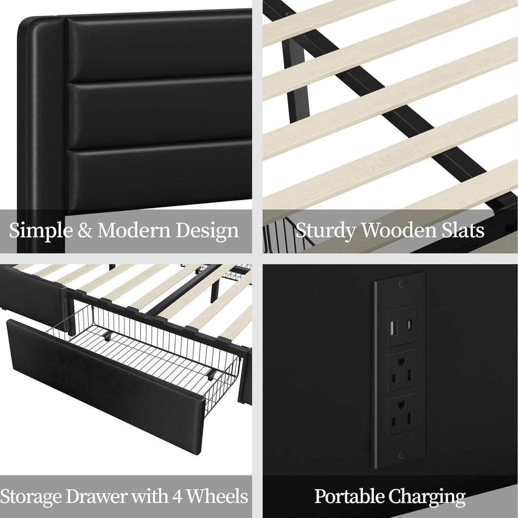 Yaheetech Queen Size Bed Frame Platform with 2 USB Charging Station/Port for Type A&Type C/3 Storage Drawers, Leather Upholstered with Headboard/Solid Wood Slat Support/No Box Spring Needed/Black
