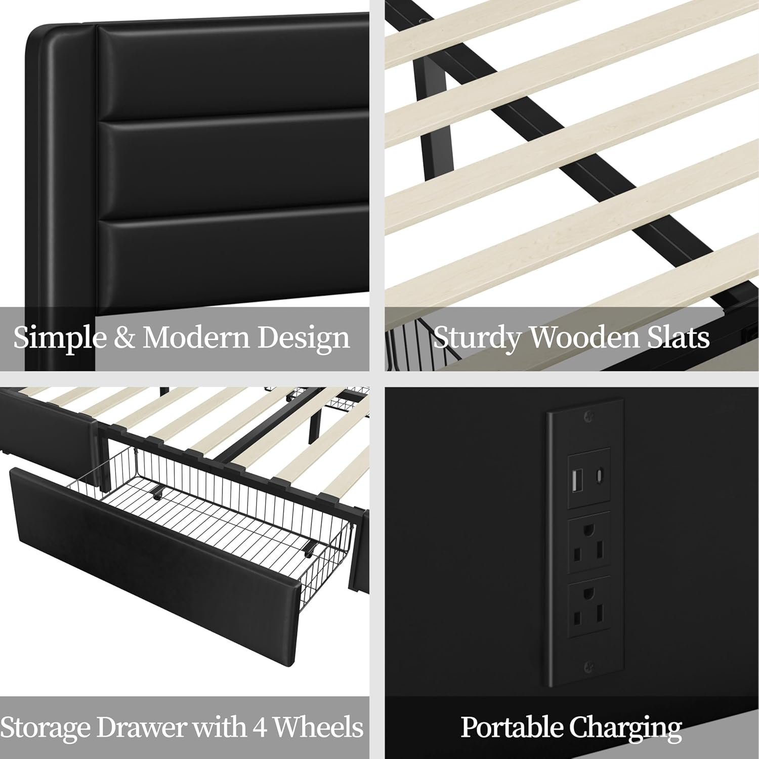 Yaheetech Queen Size Bed Frame Platform with 2 USB Charging Station/Port for Type A&Type C/3 Storage Drawers, Leather Upholstered with Headboard/Solid Wood Slat Support/No Box Spring Needed/Black