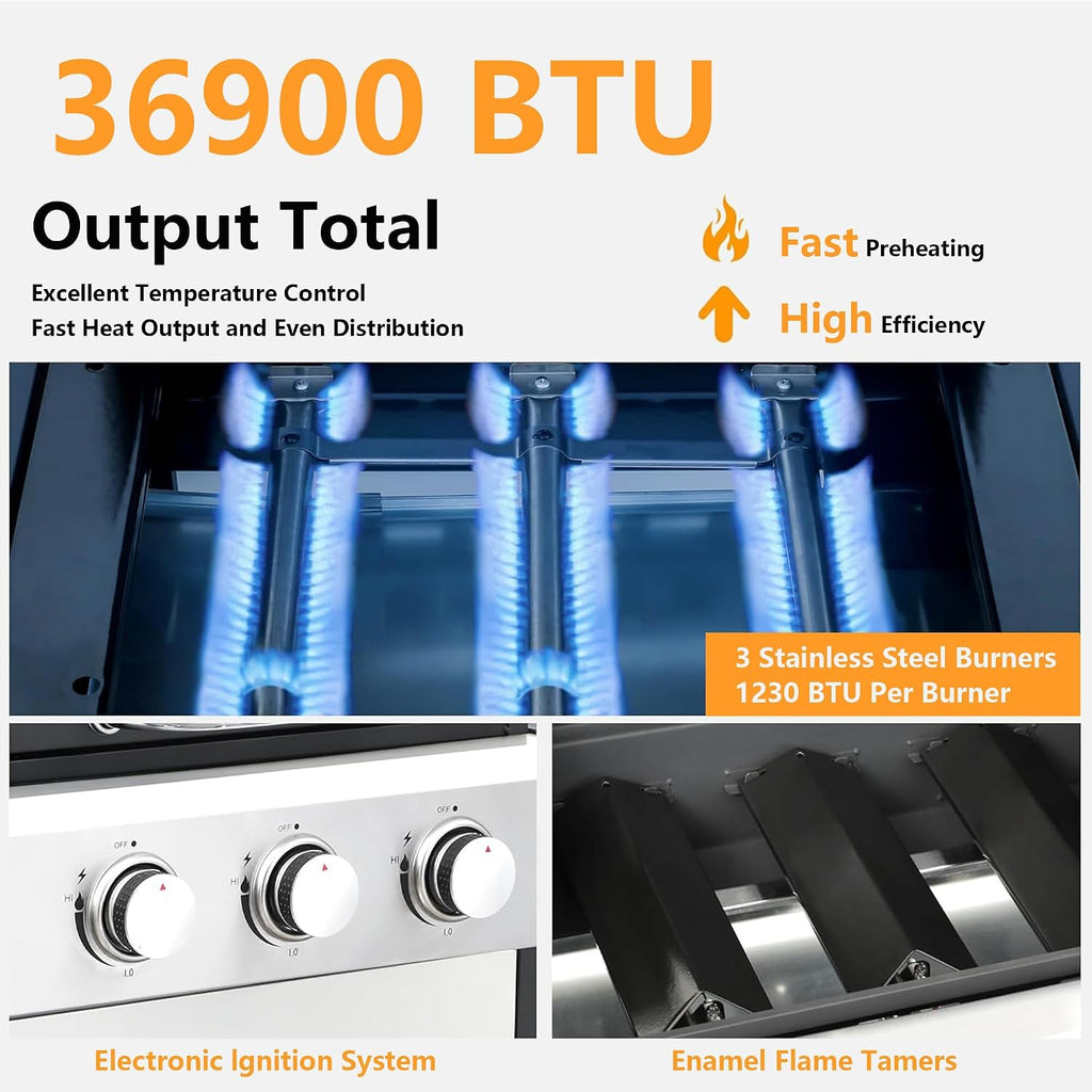 3-Burner Propane Gas BBQ Grill with Plate, 36900 BTU 2 in 1 Propane Griddle Grill Combo with 2 Foldable Side Table for Outdoor Cooking Camping Patio Backyard (3 burner +griddle)
