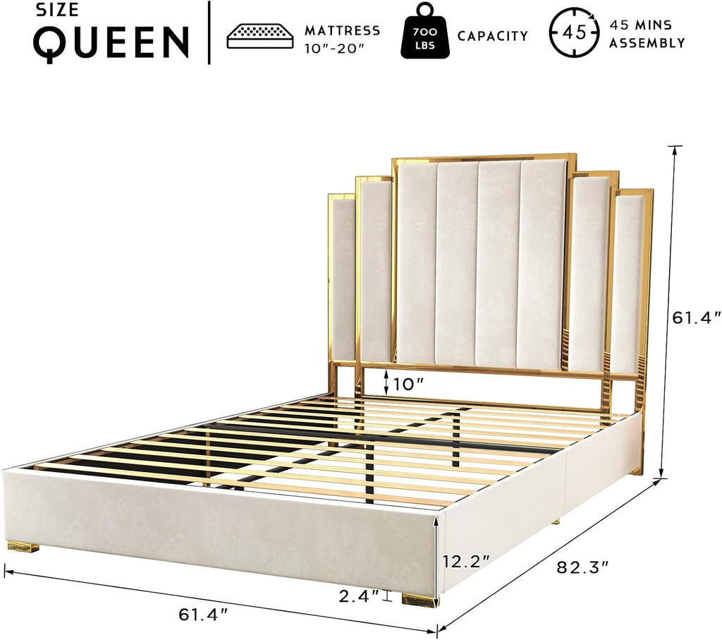 HOWE Queen Size Bed Frame and 61' Headboard, Upholstered Bed with Golden Plating Trim, Modern Platform Bed No Box Spring Needed, Cream