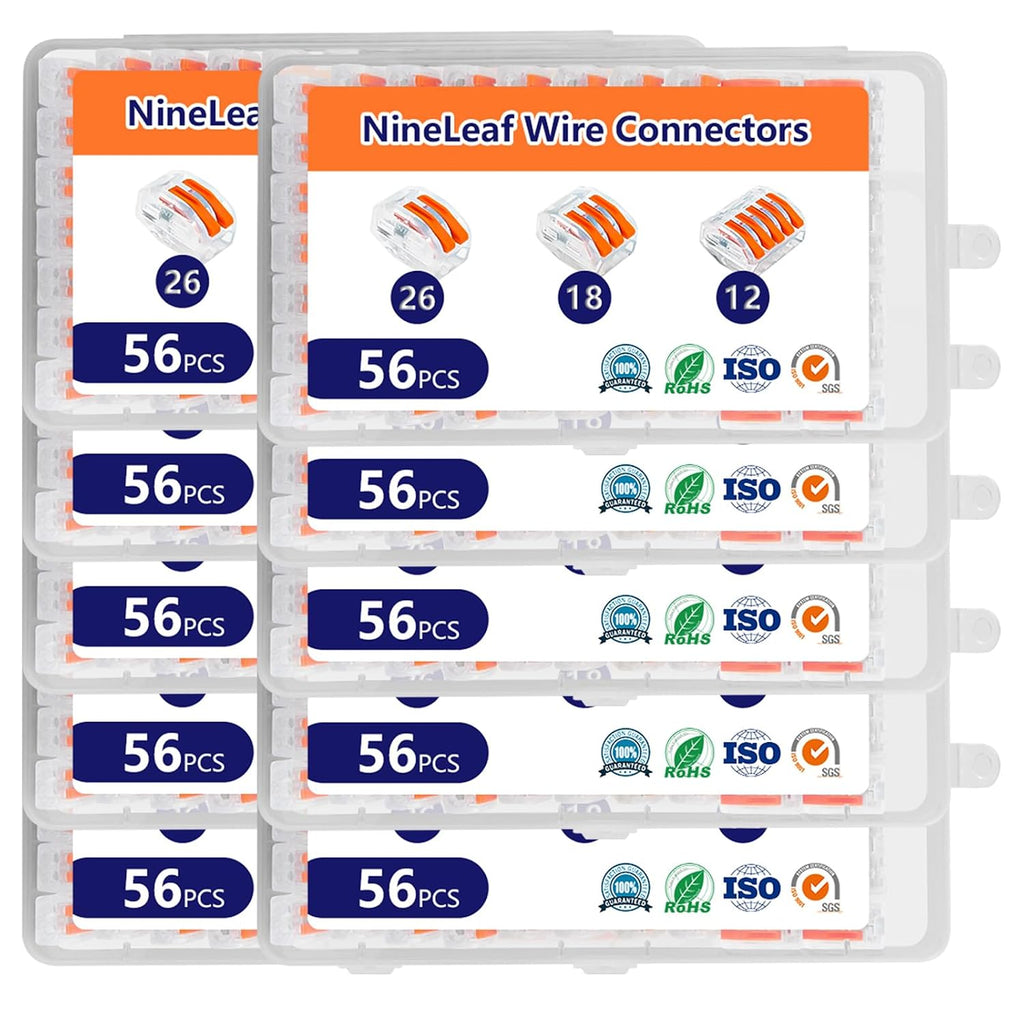 NineLeaf 56 Pcs Transparent Lever Wire Connectors Kit, 2/3/5 Port Electrical Wire Connectors with Test Hole, Push-in Lever Nuts for AWG 28-12, Reusable Quick Splice Connectors with Storage Box,10 Set
