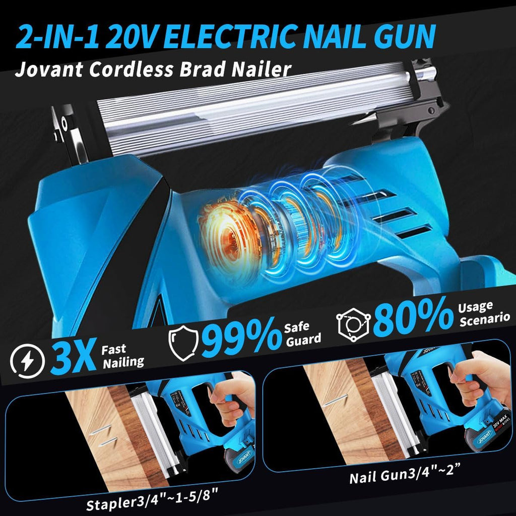 Nail Gun Battery Powered, Cordless Nail Gun with 2 * 2.0Ah Li-ion Battery, 20V 2 in 1 Electric Nail Gun with Staple Remover, Battery Nail Gun for Upholstery, Small Projects and Woodworking