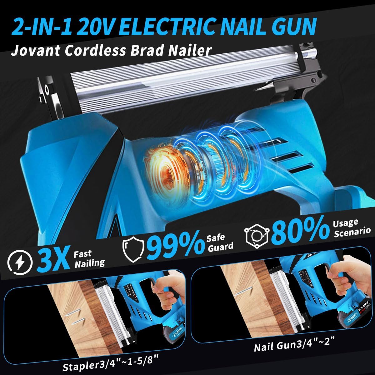 Nail Gun Battery Powered, Cordless Nail Gun with 2 * 2.0Ah Li-ion Battery, 20V 2 in 1 Electric Nail Gun with Staple Remover, Battery Nail Gun for Upholstery, Small Projects and Woodworking