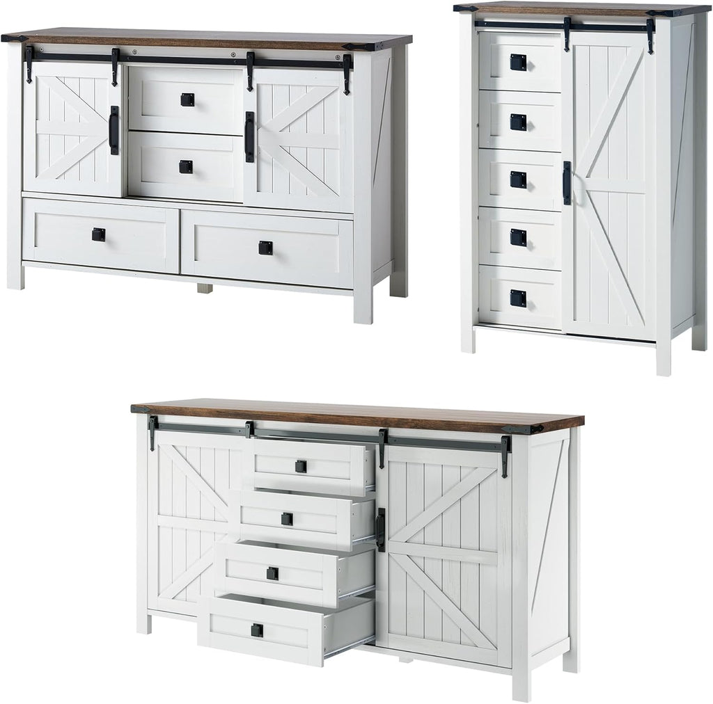 LUXOAK 3 Pieces Bedroom Set - Includes 60' Farmhouse Dresser, 48' Chest of Drawers with Sliding Barn Doors, 48' Tall Storage Cabinet with 5 Drawers, Rustic White