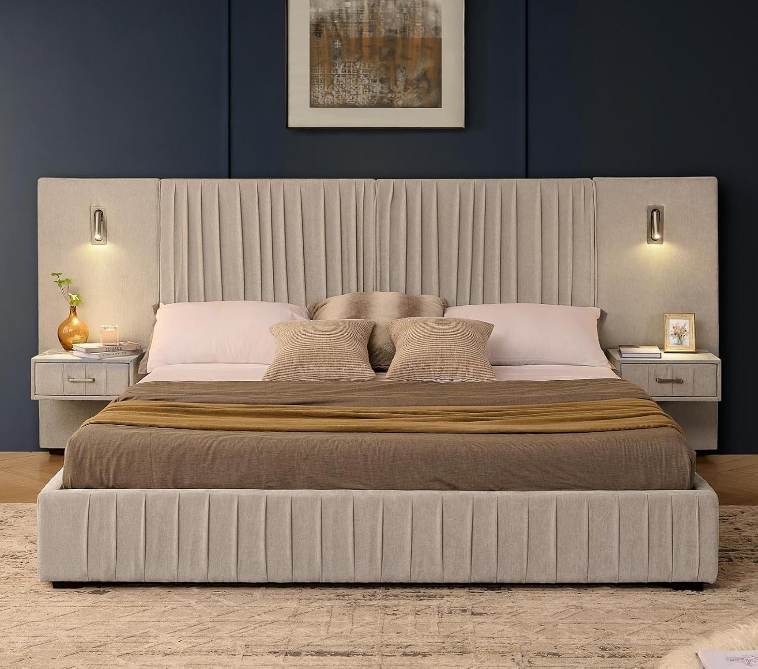 KEIKI King Size Chenille Bed Frame with 2 Nightstands, Lamps & Oversize Headboard, Solid Wood Frame Platform Night Stand Bedroom Set, Upholstered Floor Grounded Bed, No Box Spring Needed, Beige