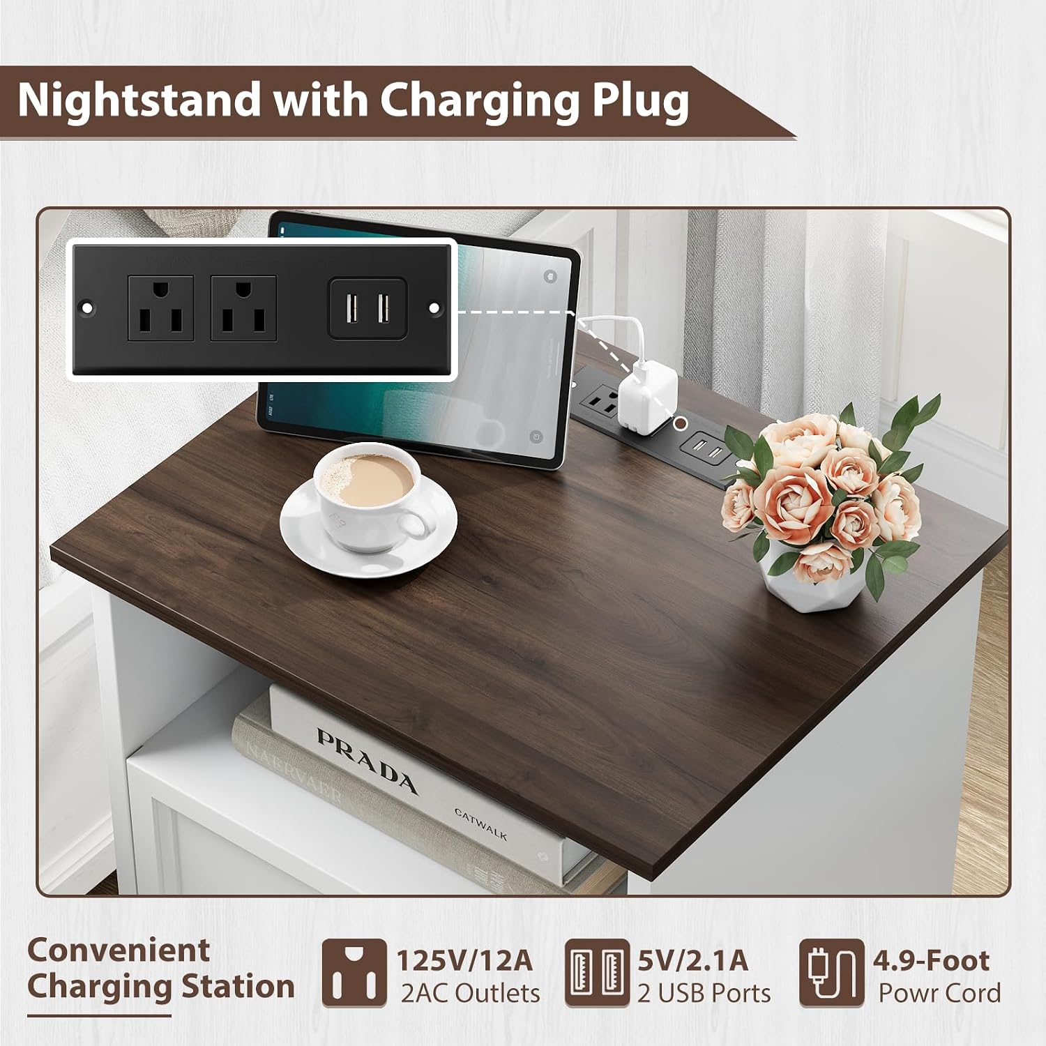 Bedroom Set, 3 Pieces Bedroom Furniture Set, Wood 7 Drawer Dresser and Nightstands with Charging Station, Farmhouse Storage Organizer Cabinet for Bedroom, White