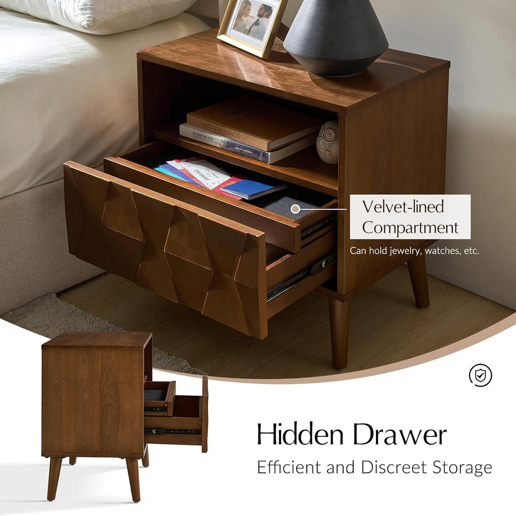 HULALA HOME Mid Century Modern Nightstand with Solid Wood Legs,Drawer Organizer with Charging Station, Geometric Pattern Nightstand, Walnut