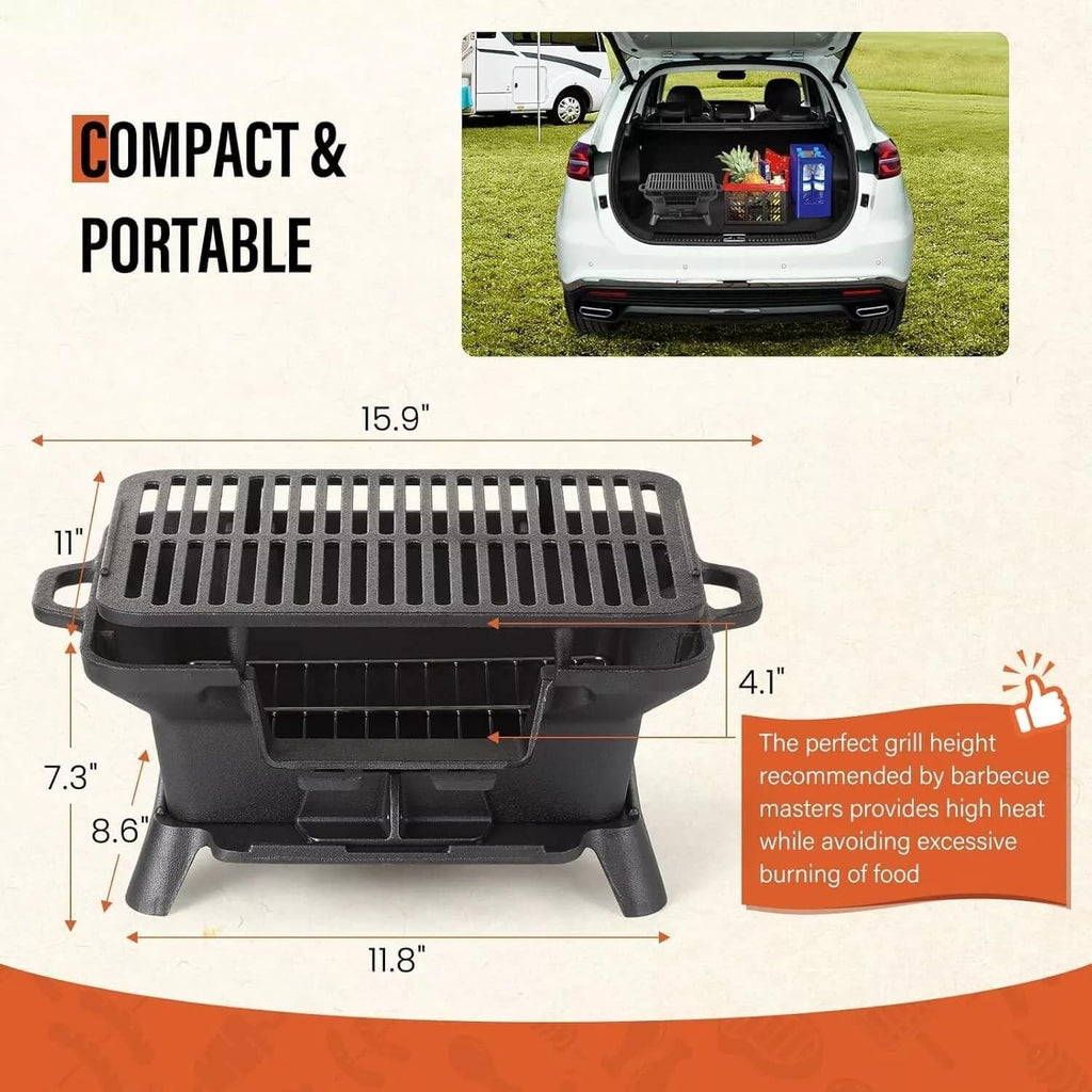 Oval Cast Iron Grill Outdoor - Portable Charcoal Grill & Tabletop Griddle, 19.6' Enameled Camping Stove with Carrying Handles,for BBQ, Tailgating & Hunting (Black,No Carrying Handle)
