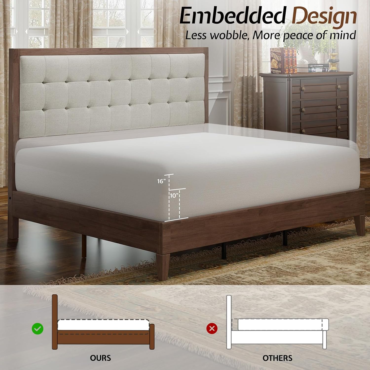 Jocisland Solid Wood Queen Size Bed Frame 50.2' Tall Upholstered Headboard, Mid-Century Style, Stable Platform Support, No Box Spring Needed, Walnut