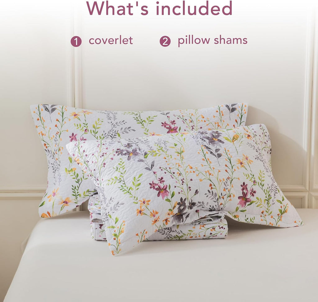 Lady Ann 100% Cotton Cal King Quilt Set - Yellow Flower Botanical Pattern Printed Quilted 118x106 Bedspread Set,Vintage Coverlet Ultra Soft Bedspread Set with Pillow Shams Al Season,3 PCS
