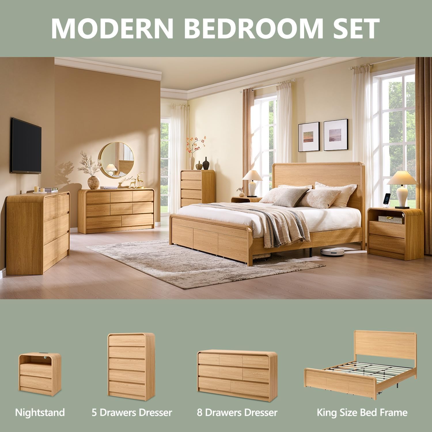 Aitjunz Modern King Size Bed Frame with 50' Tall Headboard, Wood King Size Platform Bed Frame w/3 Storage Drawers, Curved Profile Design, Wood & Steel Platform Bed, No Box Spring Needed, Natural Oak
