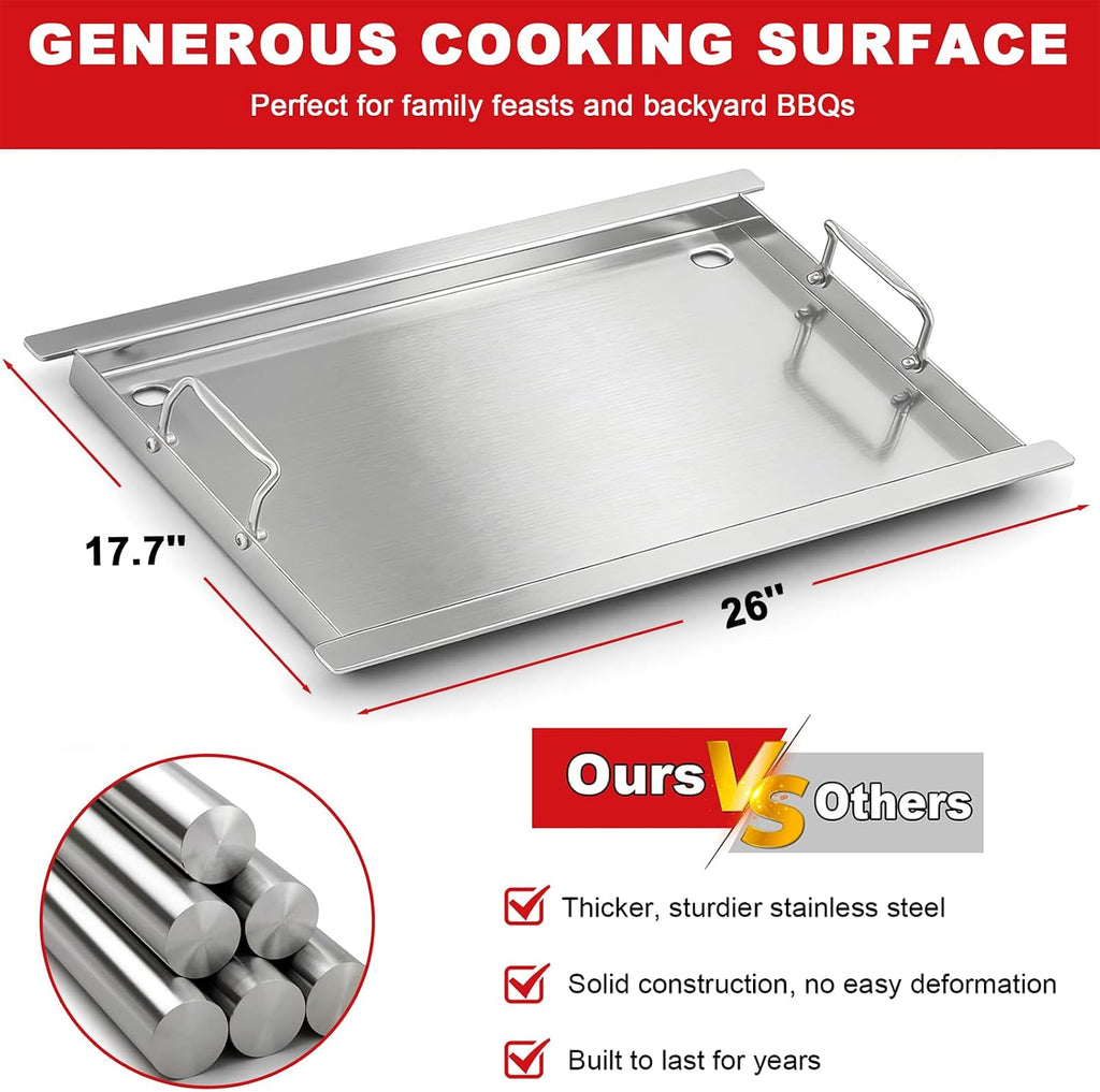 Full Size Griddle Insert - Compatible with Napoleon Prestige/Prestige Pro/Built In 700 Series/Rogue 525, Heavy-Duty Flat Top Griddle with Integrated Grease Traps, Stainless Steel BBQ Grill Accessory