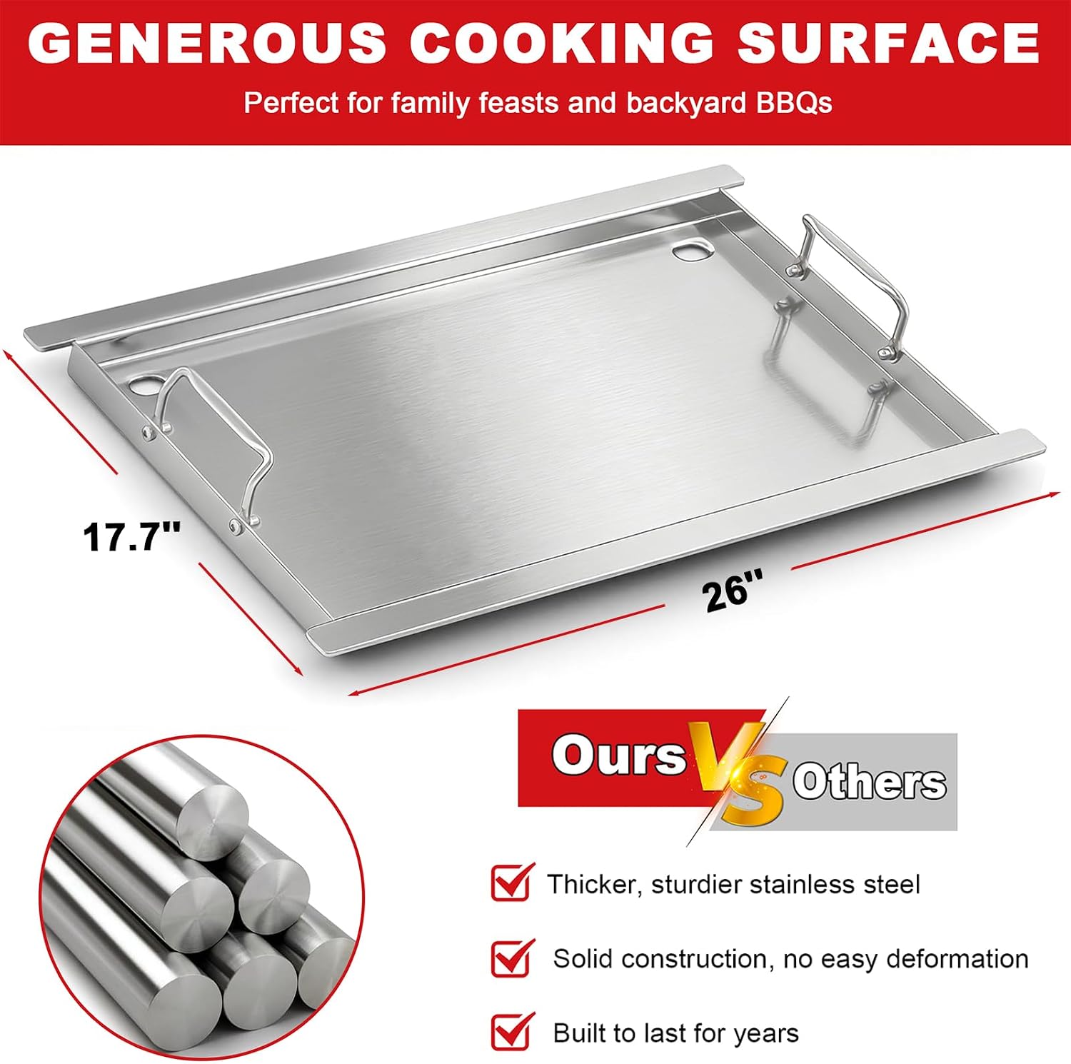 Full Size Griddle Insert - Compatible with Napoleon Prestige/Prestige Pro/Built In 700 Series/Rogue 525, Heavy-Duty Flat Top Griddle with Integrated Grease Traps, Stainless Steel BBQ Grill Accessory