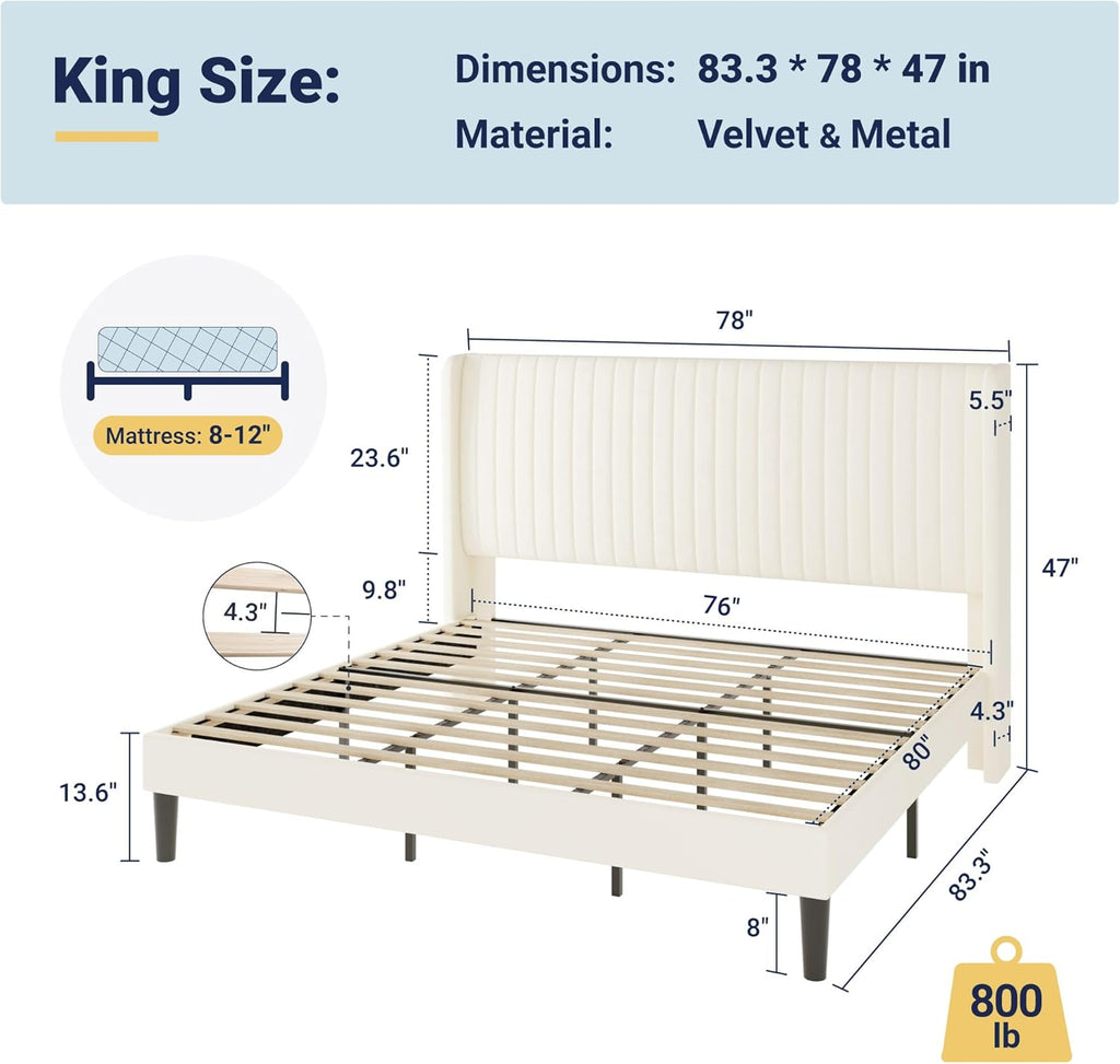 Allewie King Size Velvet Bed Frame/Vertical Channel Tufted Wingback Headboard/Upholstered Platform Bed/No Box Spring Needed/Strong Wooden Slats/Easy Assembly/Cream White