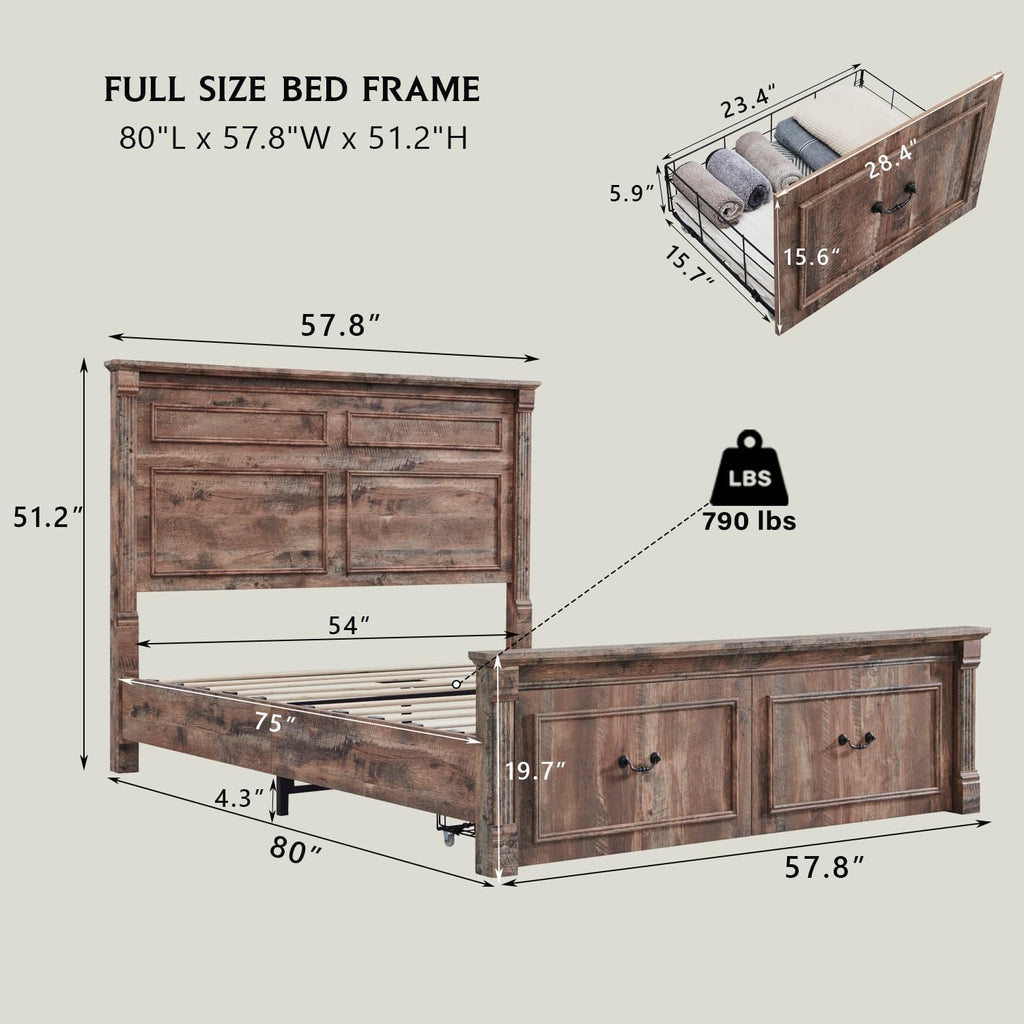 Aitjunz Farmhouse Full Size Bed Frame with 51' Tall Headboard, Wood Platform Bed Frame with 20' Tall Roman Column Decoration Footboard & 2 Large Storage Drawers, No Box Spring Needed (Light Brown)