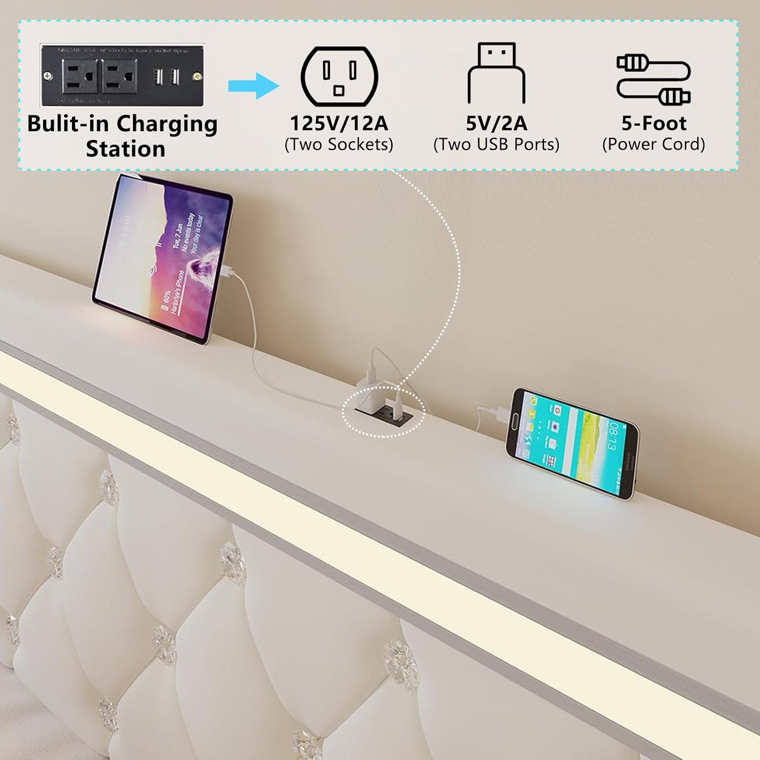 Bed Frame Queen Size with Storage Drawers and LED Light, 2 Sockets and 2 USB Ports, Adjustable Headboard with PU Leather Upholstered, No Box Spring Needed, Wooden Slats Support, White.
