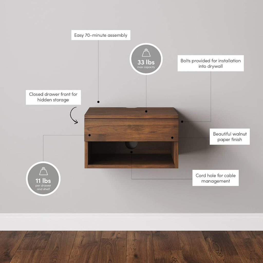Nathan James Jackson Wall Mounted Floating Bedroom Nightstand with Storage Drawer and Modern Open Shelf Cubby Set of 2, Dark Brown Walnut