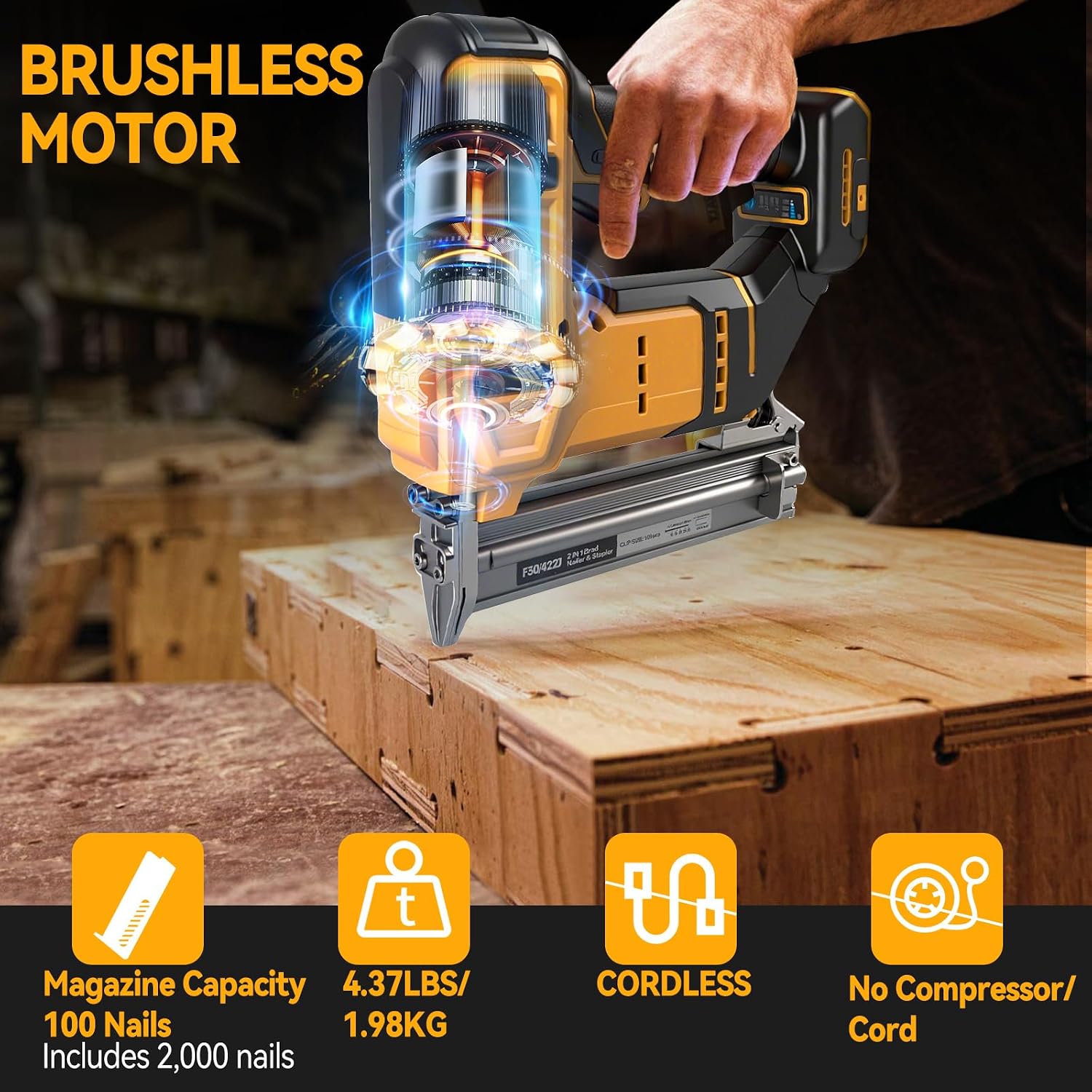 Cordless Brad Nailer for Dewalt 20V Battery (Tool Only), 2-in-1 Electric Nail/Staple Gun, 18 Gauge Brushless with 2000 Nails for Wood Carpentry, 2 Modes (for Dewalt)