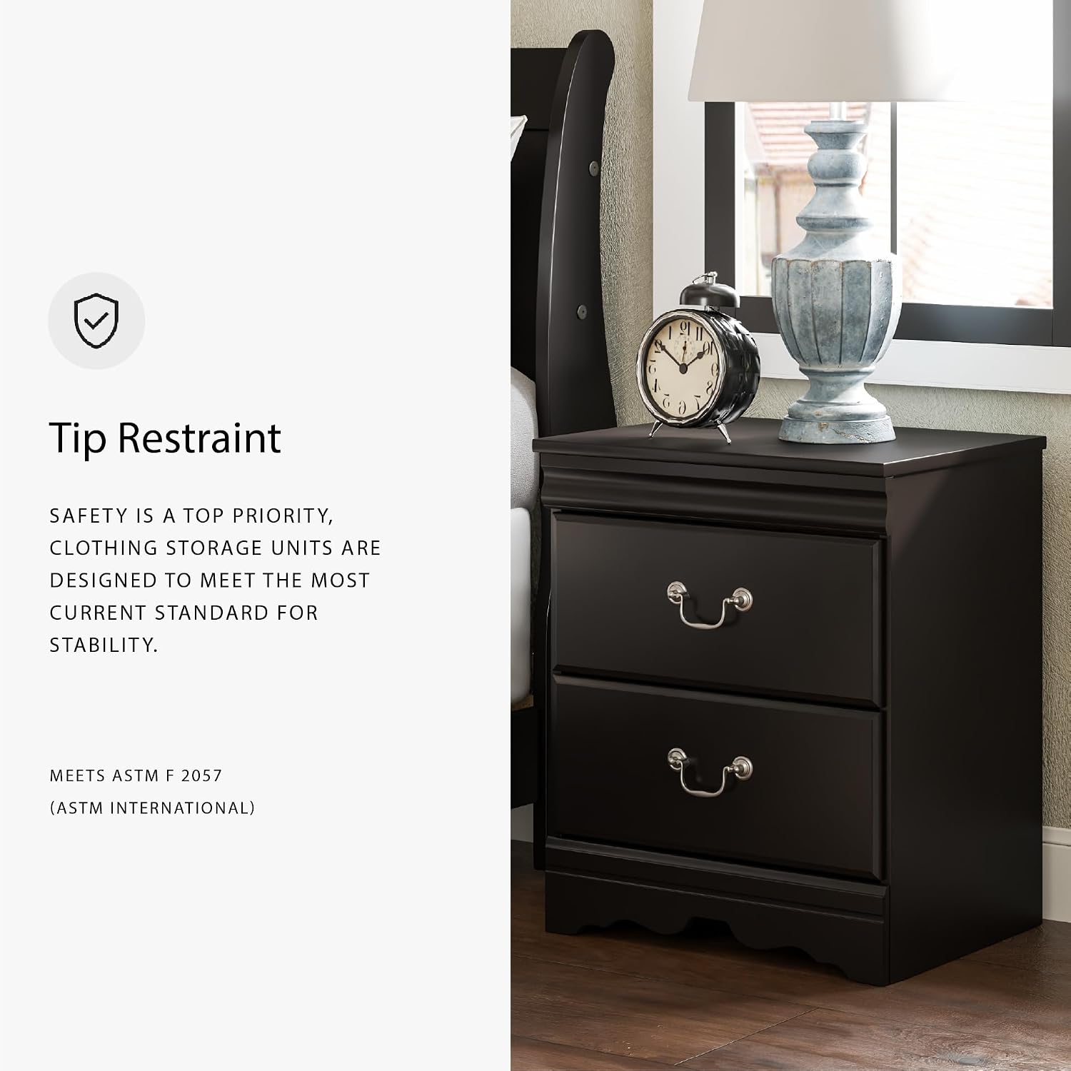 Signature Design by Ashley Huey Vineyard Traditional 2 Drawer Nightstand, Louis Phillippe Styling, Pewter Colored Handles, Shapely Mouldings, Smooth Operating Drawers, 24.45' Tall, Black