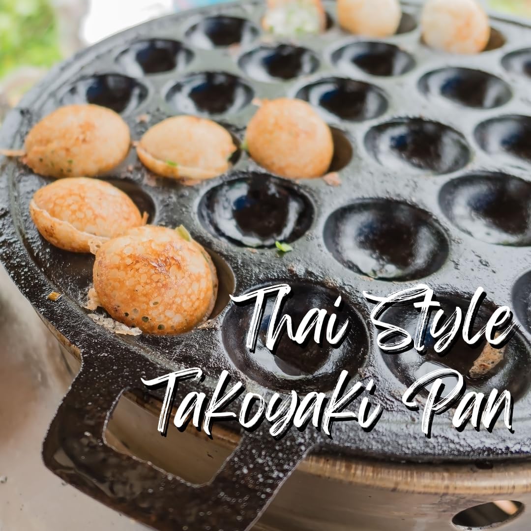 Kanom Krok Thai Coconut Pancake Pan, Takoyaki Maker, Heavy 28 Holes Cast Iron Grill pan Combination Thai Cooking Equipment