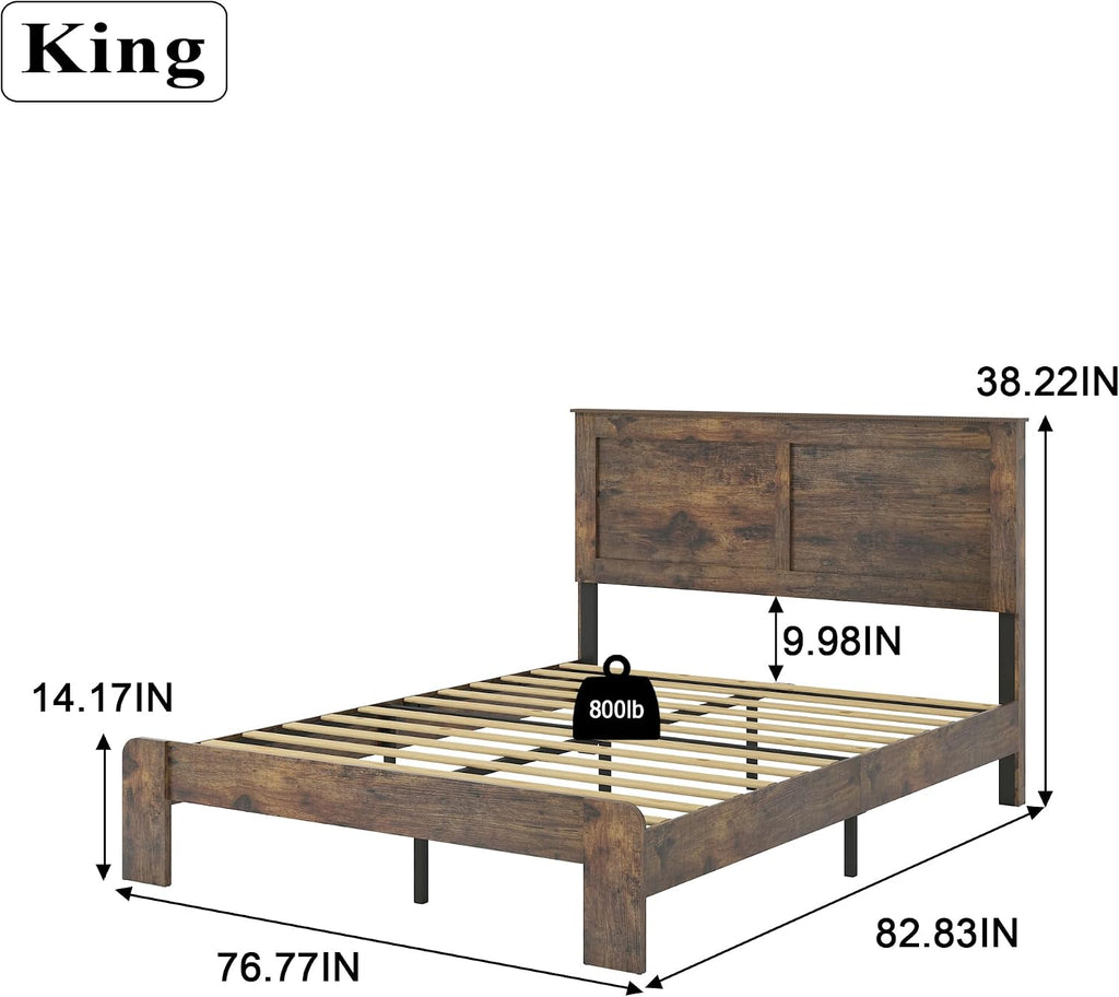 NNOOTK King Size Bed Frame, Rustic Vintage Platform Bed Frame with Wood Headboard and Footboard, 12 Wood Slats Support, No Box Spring Needed (Dark Brown, King)