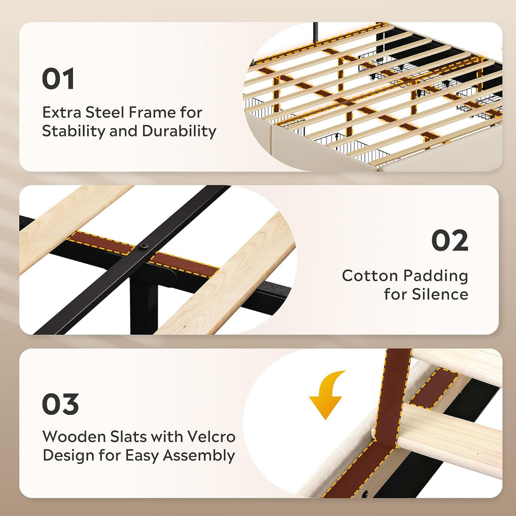 WLIVE King Size Upholstered Bed Frame with 4 Storage Drawers and Headboard, Velvet Platform Bedframe, Sturdy Metal & Wooden Slats Support, No Box Spring Needed, Easy Assembly, Beige