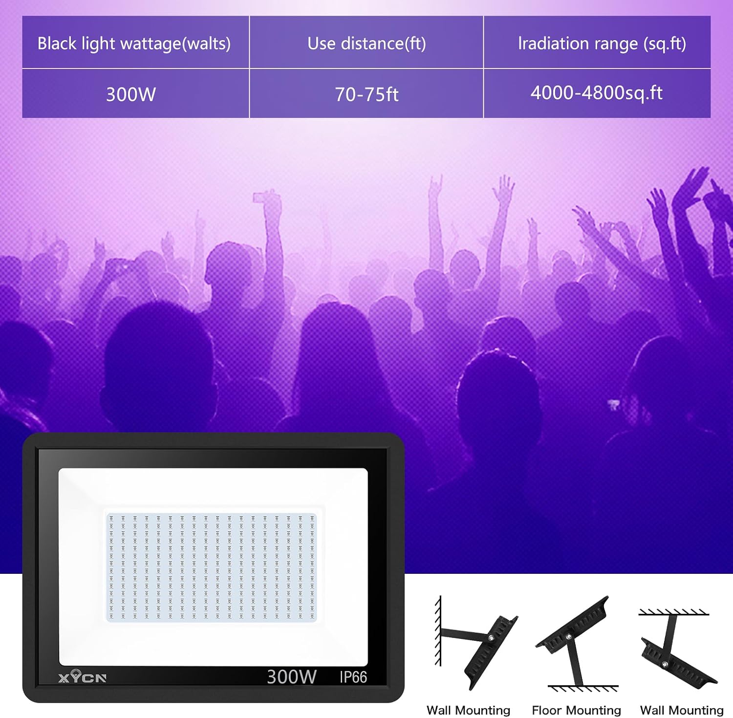 XYCN 4 Pack 300W LED Flood Black Lights,395nm to 405nm UV Outdoor Flood High Power Blacklight Light with Plug in, IP66 Waterproof Large Black Light Spotlight for Glow Party Large Space, Halloween