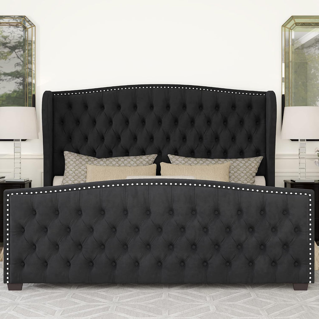 AMERLIFE King Size Platform Bed Frame, Velvet Upholstered Bed with Deep Button Tufted & Nailhead Trim Wingback Headboard/No Box Spring Needed/Black