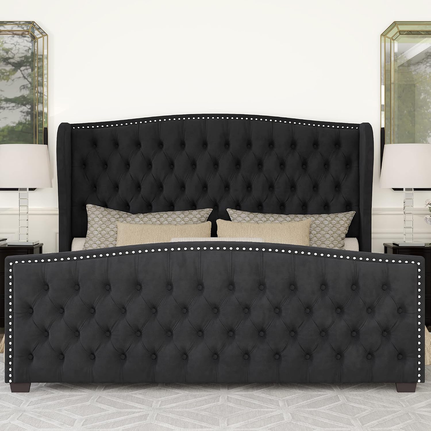 AMERLIFE King Size Platform Bed Frame, Velvet Upholstered Bed with Deep Button Tufted & Nailhead Trim Wingback Headboard/No Box Spring Needed/Black
