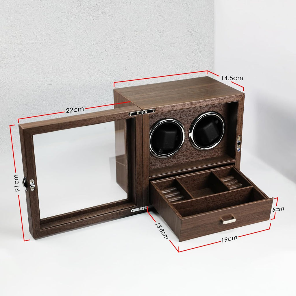 Double Watch Winder for 2 Automatic Watches, Luxury Wood Grain Case with Jewelry Storage Drawer, Ultra-Quiet Motor, 4 Modes & Blue LED - Professional Watch Box for Collectors