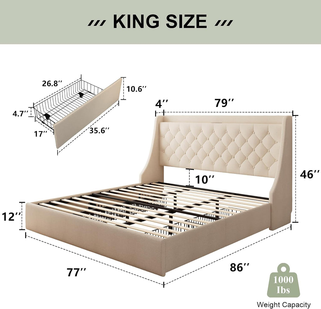 Feonase King Size Bed Frame with 4 Storage Drawers, Upholstered Storage Bed with Charging Station, Tufted Wingback Headboard, No Box Spring Needed, Beige
