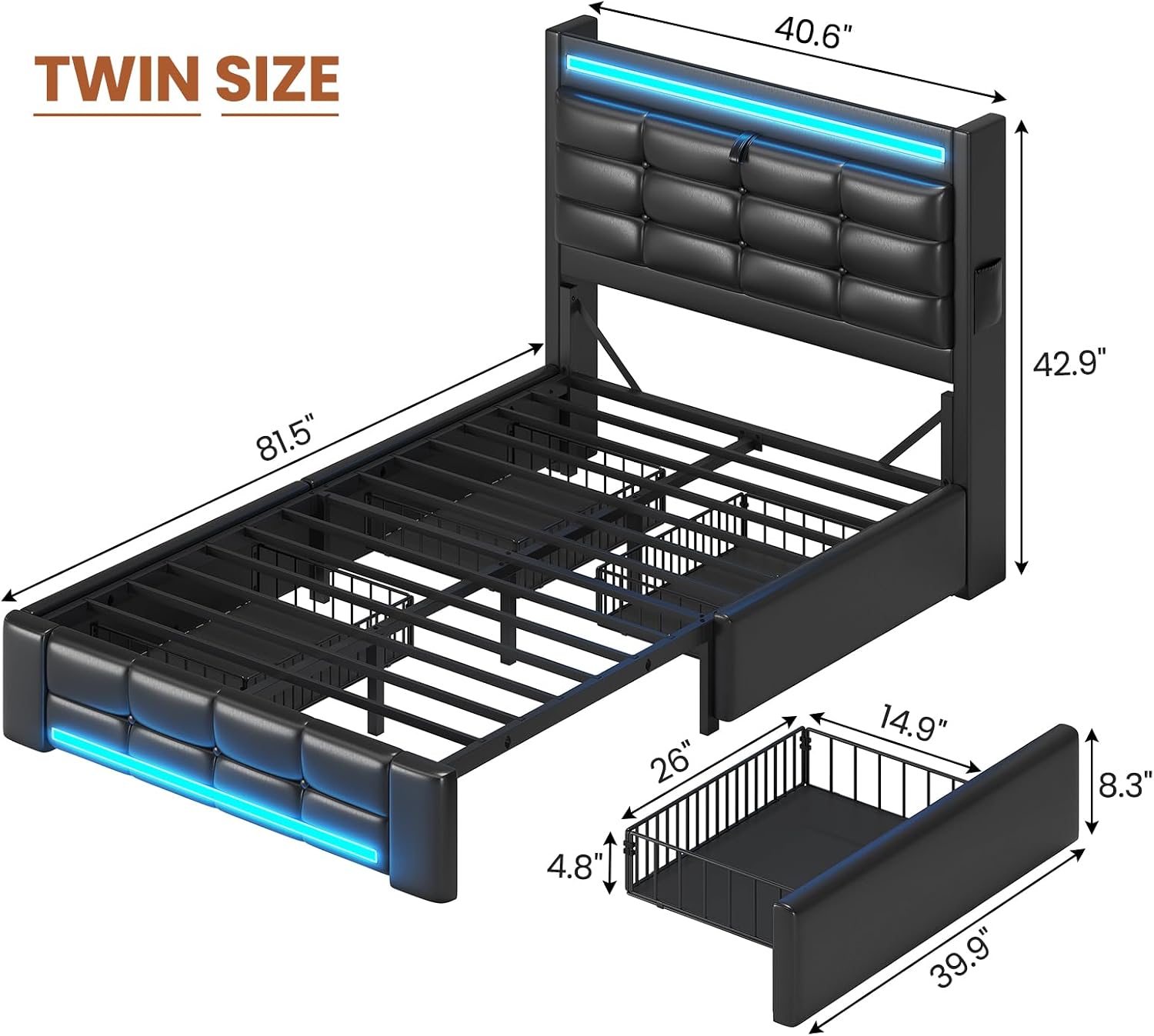 ADORNEVE Twin Bed Frames with Storage Headboard & 4 Drawers, LED Bed Frame with Charging Station, Upholstered Twin Size Platform Bed for Kids, No Box Spring Needed, Black PU