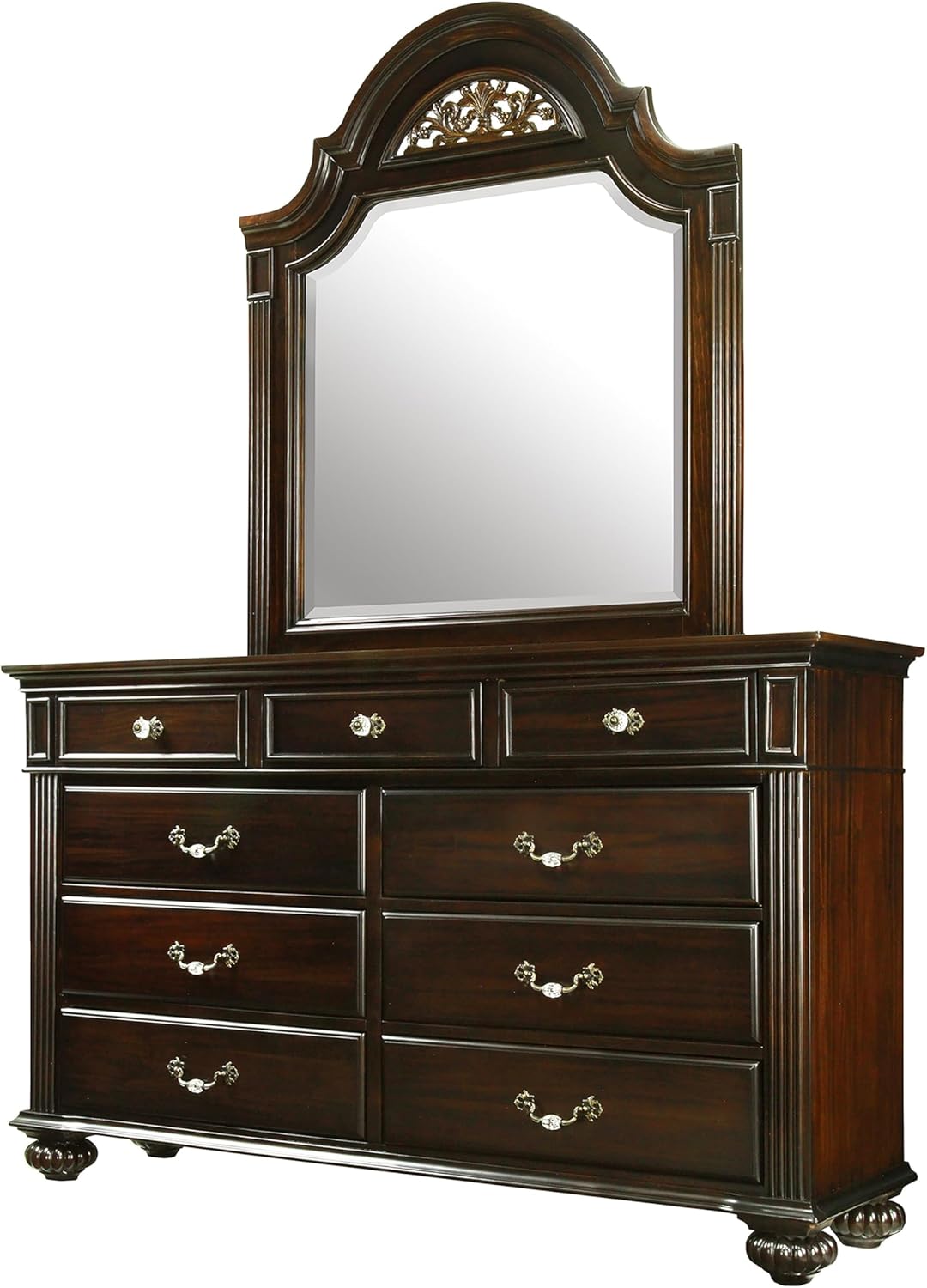 24/7 Shop at Home Syracuse 6-Piece Traditional Solid Wood Bedroom Set with Chest, Mirrored-Dresser and 2 Nightstands, Box Spring Required for Bedroom, Guest Room, Queen, Walnut