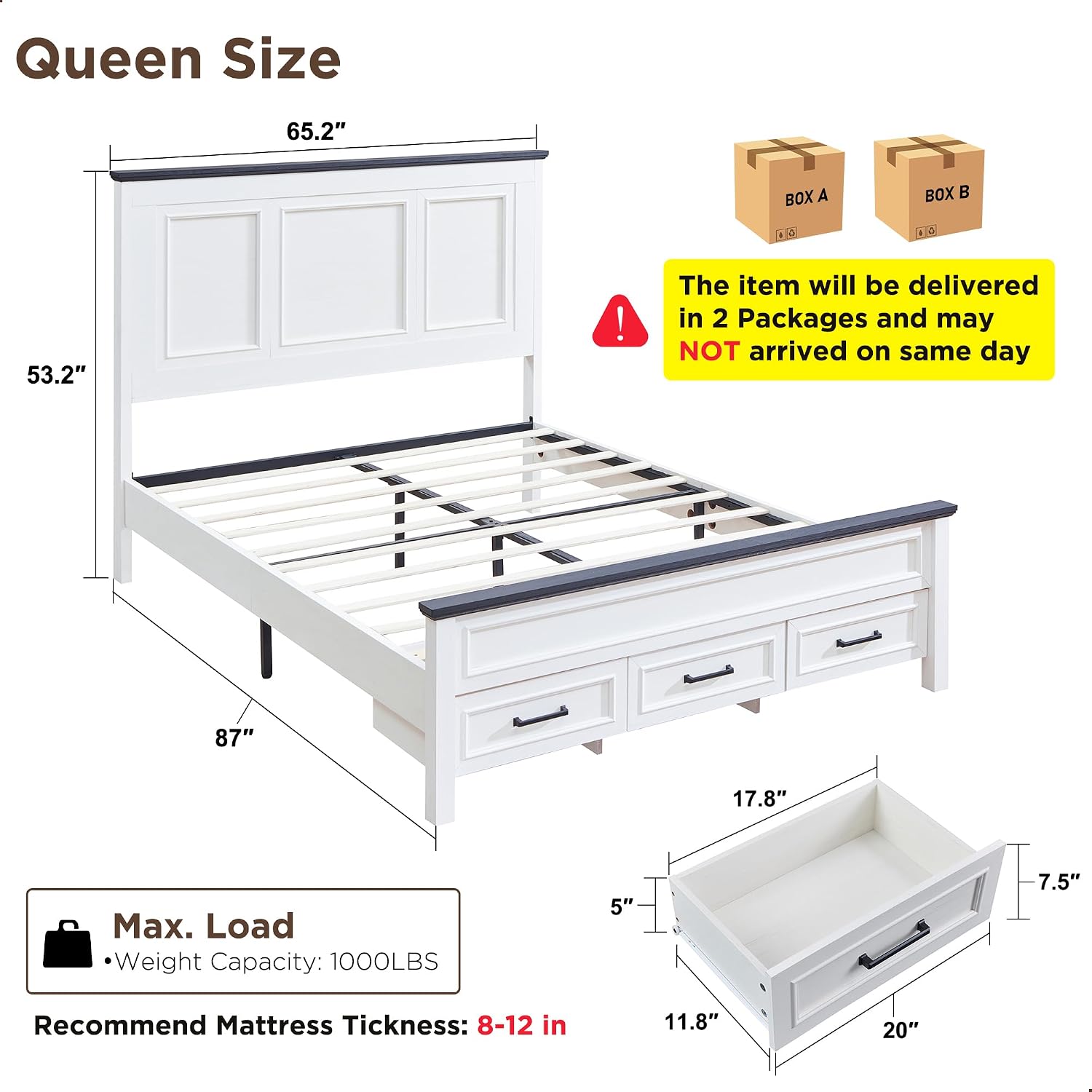 ACCOHOHO Farmhouse Queen Size Bed Frame with 52' Tall Headboard, Wood Platform Bedframe with Footboard and Storage Drawers, No Squeak, No Box Spring Needed, Off White