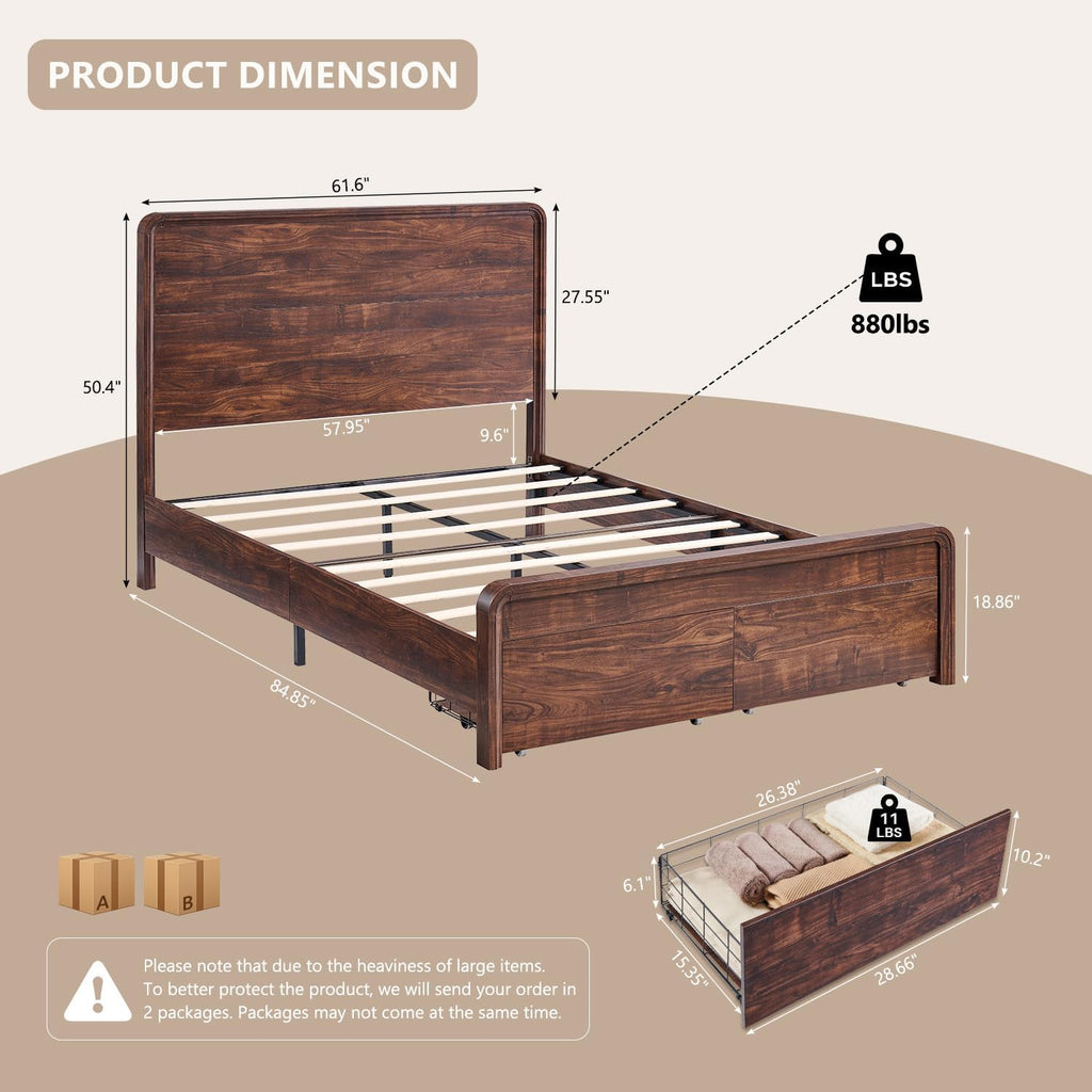 Aitjunz Modern Queen Size Bed Frame with 50' Tall Headboard, Wood Queen Size Platform Bed Frame w/3 Storage Drawers, Curved Profile Design, Wood & Steel Platform Bed, No Box Spring Needed, Dark Walnut