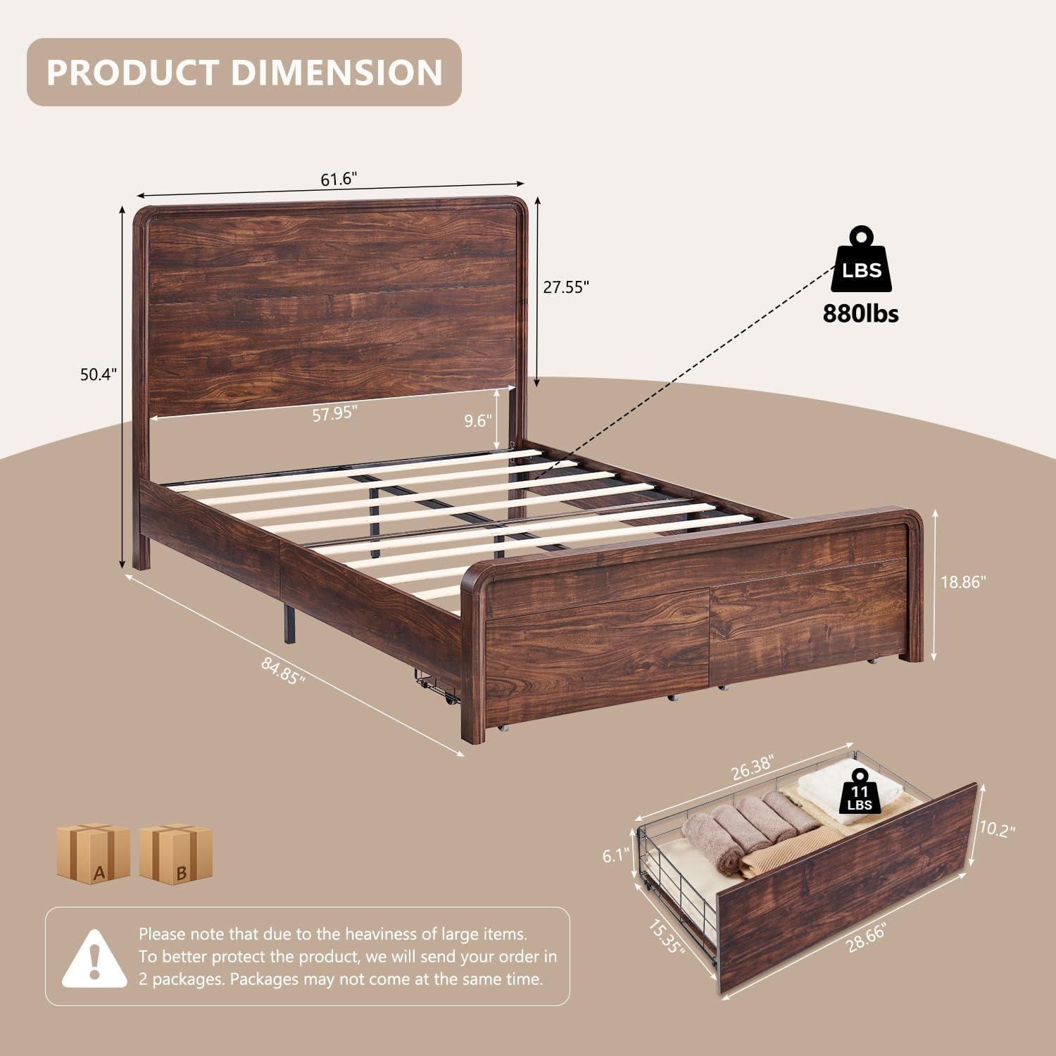 Aitjunz Modern Queen Size Bed Frame with 50' Tall Headboard, Wood Queen Size Platform Bed Frame w/3 Storage Drawers, Curved Profile Design, Wood & Steel Platform Bed, No Box Spring Needed, Dark Walnut
