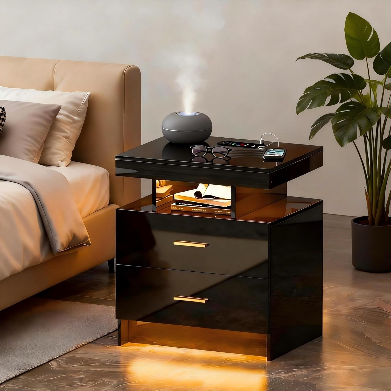 Lvifur Nightstand with Wireless Charging Station - Modern Night Stand with RGB Lights, Glossy Bedside Table with Drawers for Bedroom, End Table with Human Body Induction (Black)