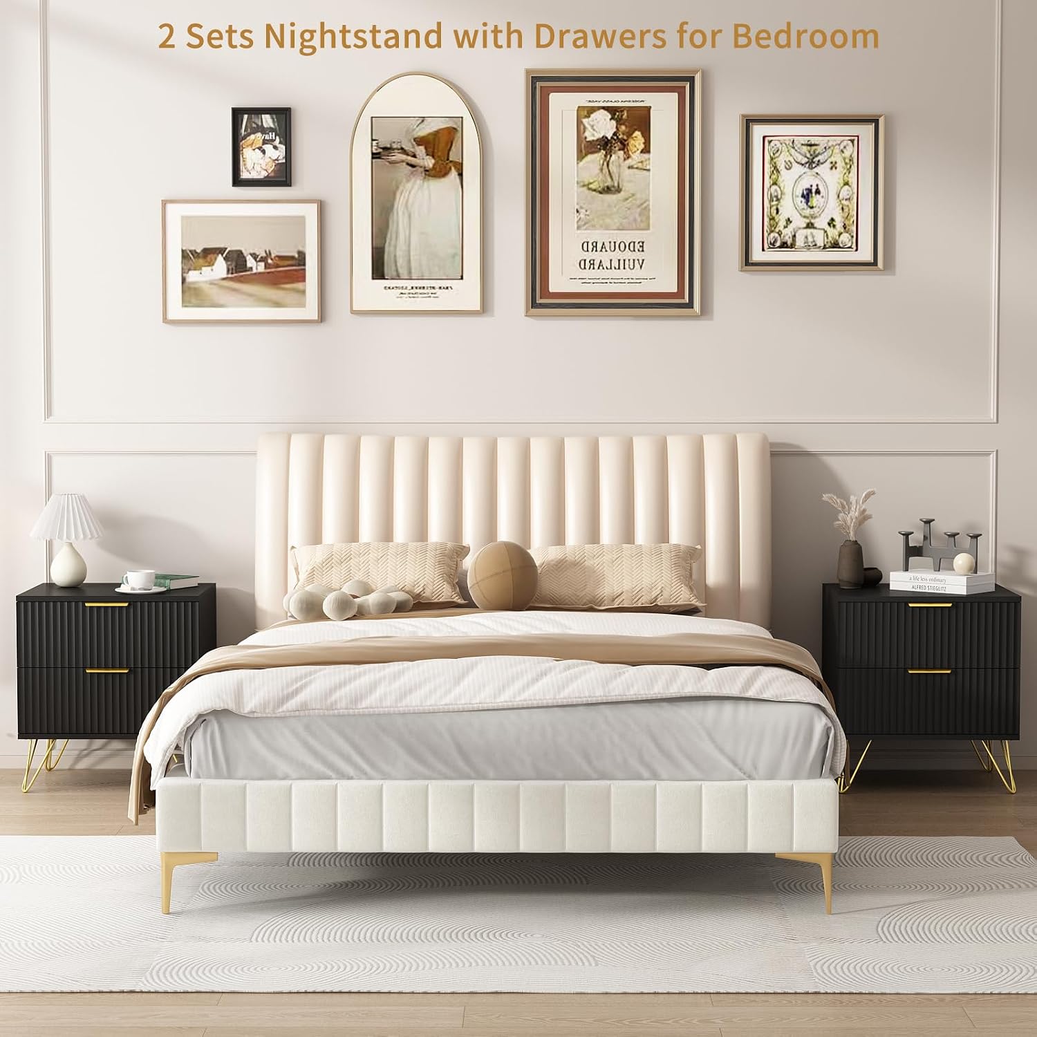 6 Drawer Dresser and Nightstand Sets for Bedroom, 3 Pcs Bedroom Set, Night Stand Set of 2 & 6 Drawer Dresser with Gold Handles, Modern Wood Chest of Drawers Storage Cabinet Set, Black