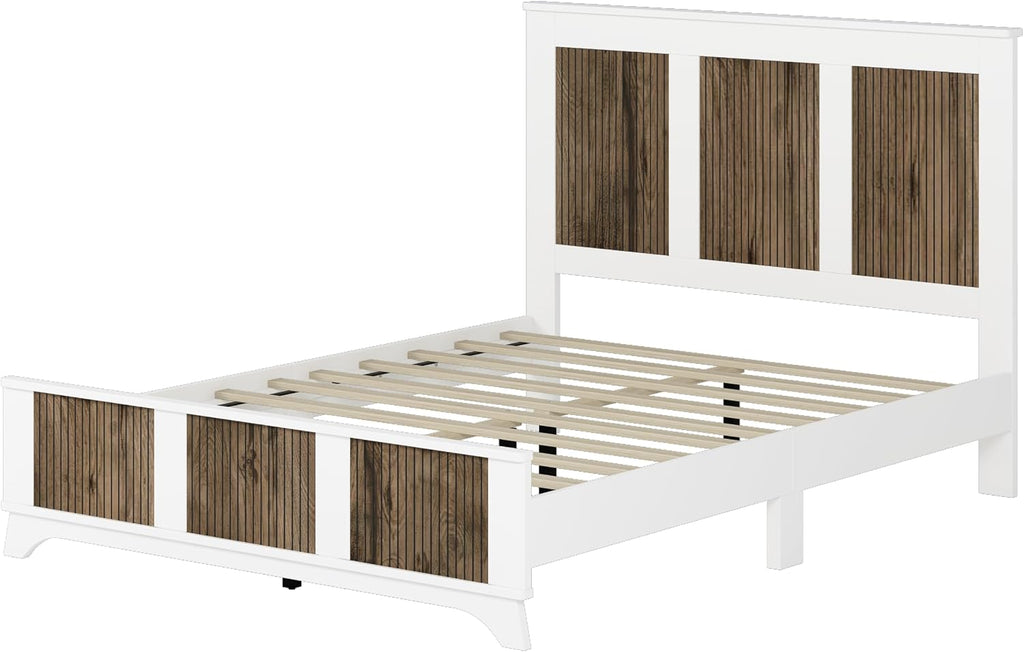 Merax Queen Size Farmhouse Wooden Platform Bed,Modern Bed Frame with Wooden Strip Decoration Headboard and Footboard, Plywood Slats Support, No Box Spring Required, White