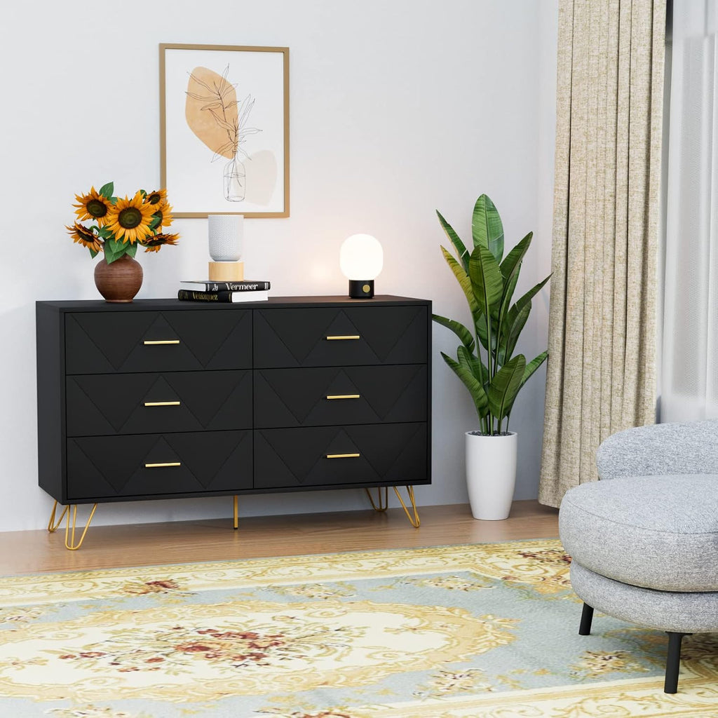 CARPETNAL Black Dresser for Bedroom, 6 Drawer Dresser with Wide Drawers and Gold Handles, Modern Wood Dressers & Chest of Drawers TV Stand for Living Room, Hallway, Entryway.