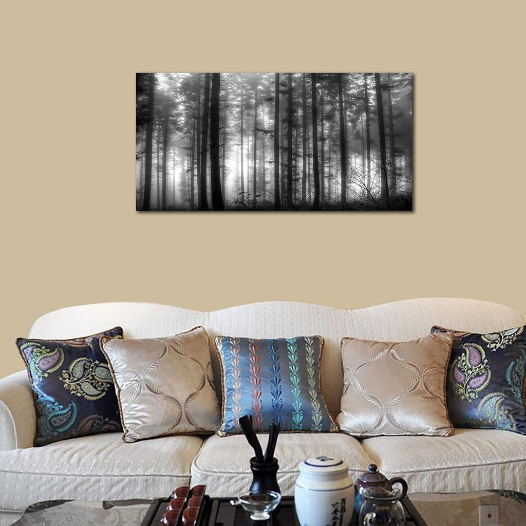 Foggy Forest Wall Art Living Room Wall Decor Black and White Woods Large Canvas Picture Modern Landscape Artwork Big Trees Contemporary Nature Pictures for Living Room Bedroom Home Office Kitchen Wall Decor 29' x 58'