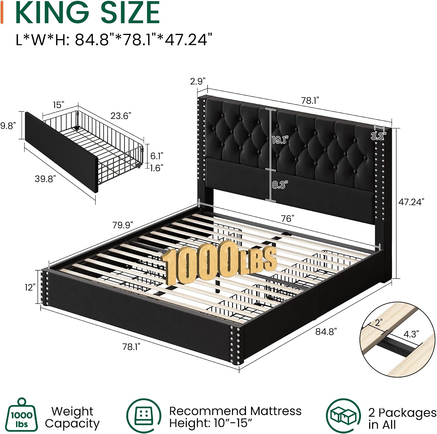 LARMACE King Size Bed Frame with 4 Storage Drawers and Tufted Headboard Velvet Upholstered Platform Bed Frame with Heavy Duty Wood Slats, No Box Spring Needed, Easy Assembly,Black